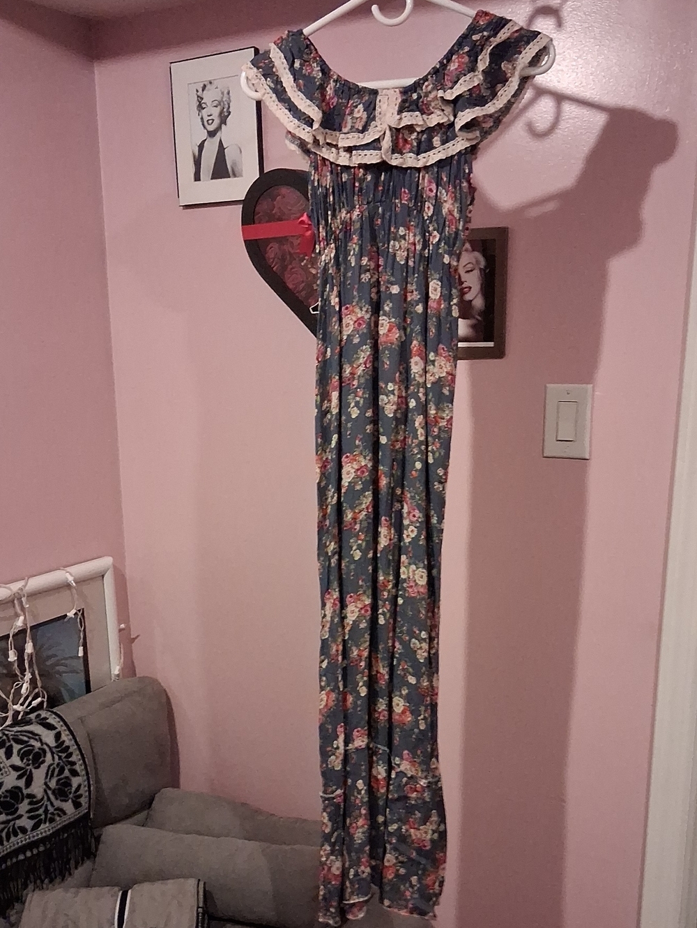 Toi et Moi Blue Floral Off-Shoulder Maxi Dress with Lace Trim